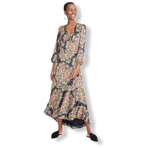 Point Sur Satin Crepe Long Sleeve Paisley Long Dress SZ 2